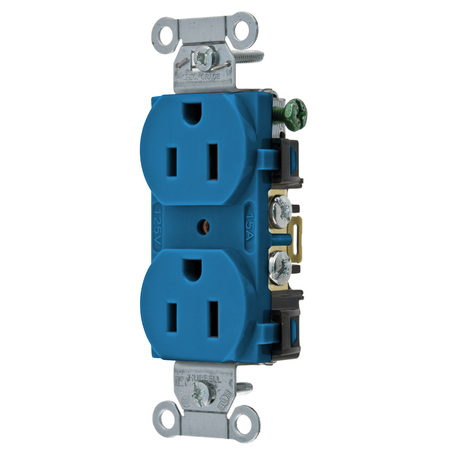 HUBBELL WIRING DEVICE-KELLEMS Straight Blade Devices, Receptacles, Duplex, Commercial/Industrial Grade, 2-Pole 3-Wire Grounding, 15A 125V, 5-15R, Blue BR15BL